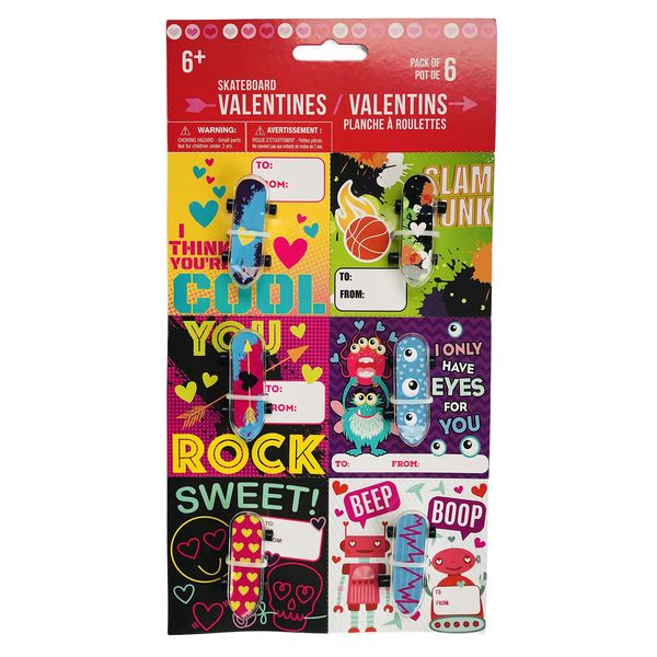 Happy Valentine's Day Pack of 6 Valentines Paired with Mini Skateboards