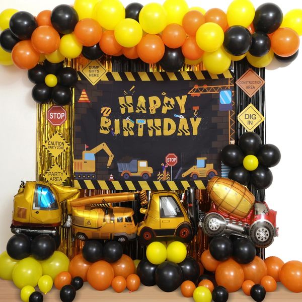 96 Pack Construction Birthday Party Supplies Dump Truck Party Decorations Kits Set with Balloons Garland kit, Construction Backdrop, Foil Balloons, Curtains and Traffic Signs