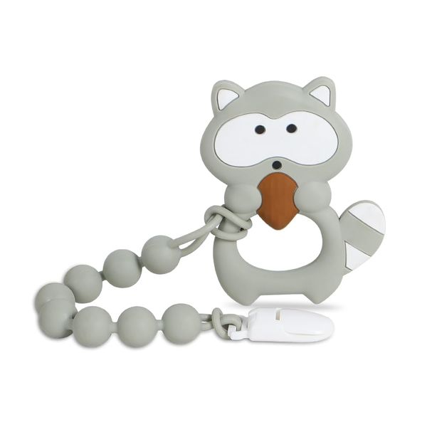 Baby Teething Toys,Food Grade Silicone Teether with One-Piece Pacifier Clip Holder,Shower Gift,Highly Effective Pain Relief for 3 Months+ Boy and Girl,BPA Free,Freezer Safe. (Gray Raccoon)