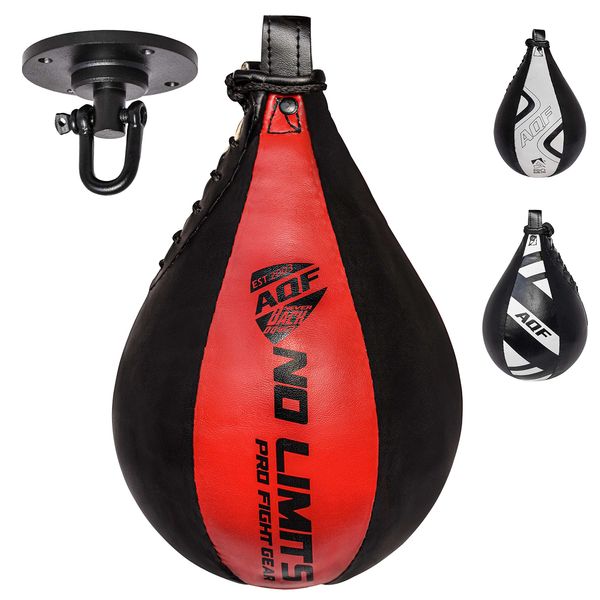 AQF Leather Speed Ball & Swivel Boxing Punch Bag MMA Speed Bag Training Set Multi Colour (Black & Red)