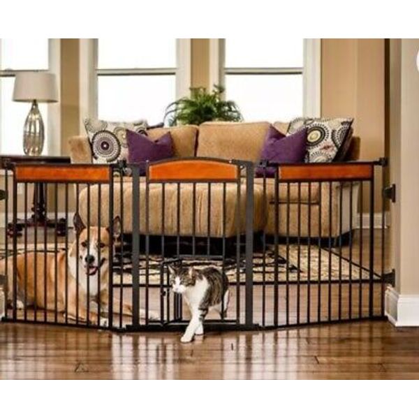 NEW Adjustable Dog Gate With Walk Thru Door & Small Pet Door Black/Mahogany