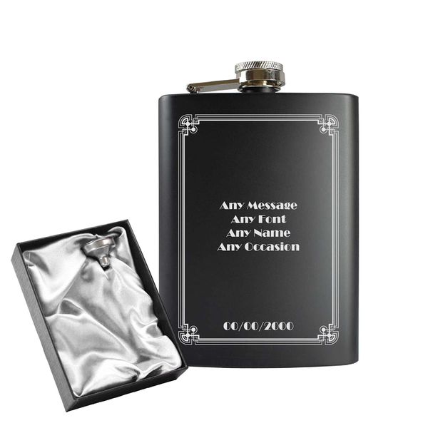 Engraved 8oz Black Hip Flask with Formal Border