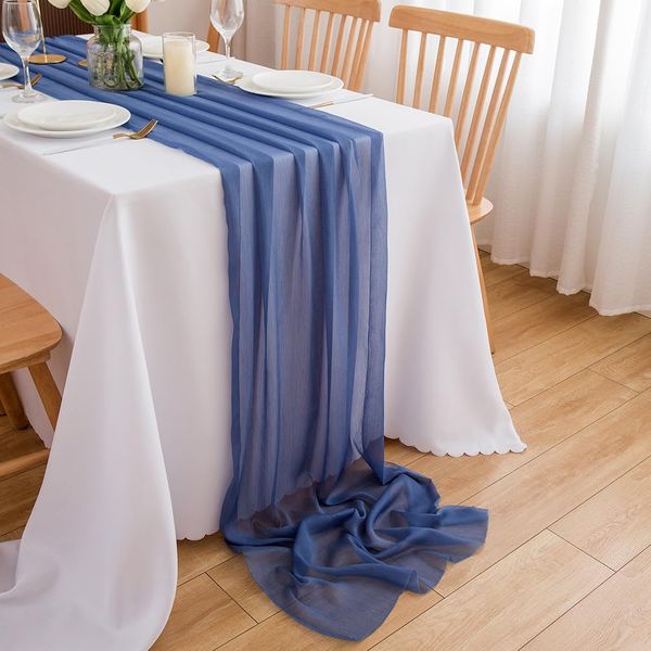 CHUQING Chiffon Tischläufer Blau Tischläufer Hochzeit Stoff Tüll Boho Table Runner Tischdeko Läufer Tisch,70 cm x 3 m