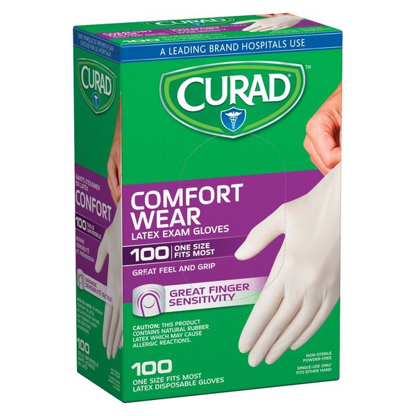 Curad Comfort Wear Latex Exam Gloves, Powder-Free, One Size Fits Most, 100 count