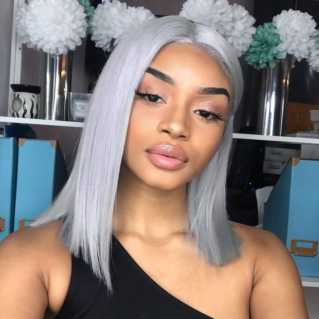 Dorabeauty Short Wigs 16inches Natural Straight Bob Wigs for Black Women 130% Density Lace Front Wigs Human Hair with Natural Hairline (16" inch, Grey)