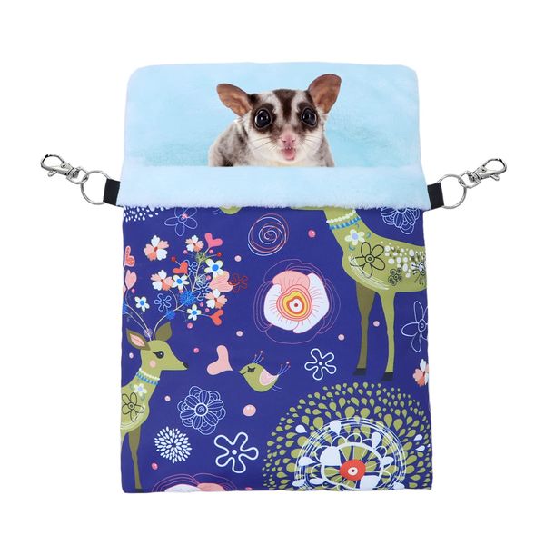 Wontee Small Pet Sleeping Pouch Sleep Bag Warm Bed Hideout for Hamsters Hedgehogs Sugar Gliders Squirrels (L, Blue Elk)