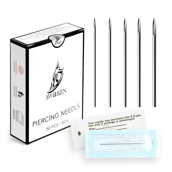 AWAKEN Needles Body Piercing Sterile EO Gas Disposable for Nose Ear Navel Tongue Tattoo Accessories 50 Pcs(20G)