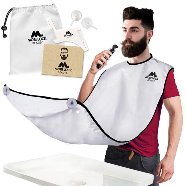 Beard Shaving Catcher Bib – The Smart Way to Shave – Beard Trimming Apron & Shaving Cape – Perfect Grooming Gift or Men's Birthday Gift – Includes Shaping Comb, Bag, & Grooming E-Book - by Mobi Lock