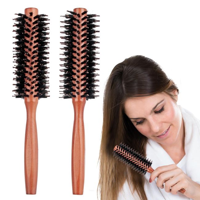 Small Round Hair Brush, 2 Pack Boar Bristle Round Brush (12 Rows) for Hair Drying, Styling, Curling Natural Bristle Hair Brush Travel Brush with Wood Handle 8.6inch(21.8cm)