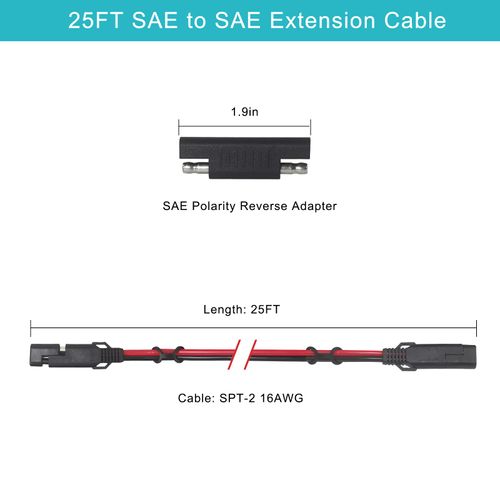 SAE to SAE Extension Cable 16AWG - 25FT SAE Cable Battery Charger Extension Cord Heavy Duty 16AWG Quick Disconnect SAE 2Pin Connector with SAE Polarity Reverse Adapter for Solar Panel Trickle Charger