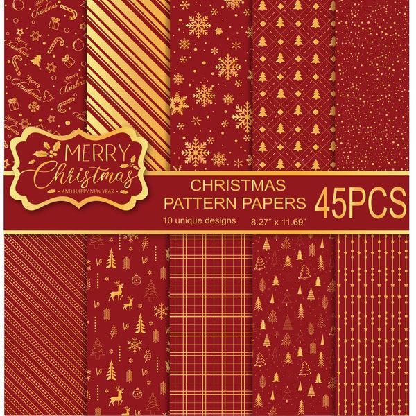 MIAHART 45 Blatt Merry Christmas Pattern Paper Set 10 Designs Festival Dekoratives Bastelpapier doppelseitig für die Kartenherstellung, Scrapbook, A4-Größe, Rot und Gold