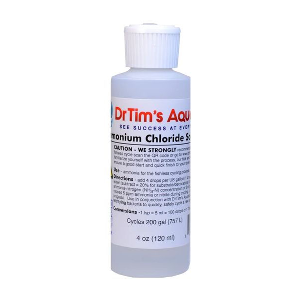 DrTim’s Aquatics Ammonium Chloride Solution for Fishless Cycling - 4 oz., Treats 200 gal. – Fish Tank Cleaner for Saltwater, Freshwater & Reef Aquariums