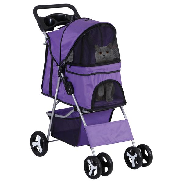 Pet Stroller 4 Wheels Dog Cat Stroller Foldable Pet Stroller w/Cup Holder Purple