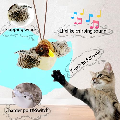 Ataica Flapping Chirping Bird Cat Toy(Non-Flying), USB Charging,Touch Activated Plush Toy,Simulates Bird Wing Flapping and Sounds, for Cats,Dogs & Small Pets (Small, SPARROW-03)