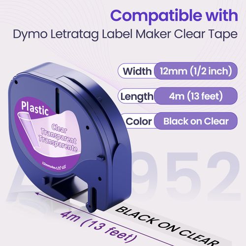 Wonfoucs Compatible with Dymo Label Maker Refills Clear, 12 mm x 4 m- 1/2'' x 13', Compatible with Dymo Letratag Refills Transparent Tape Work with LT-100T LT-100H QX50 200B, 5-Pack