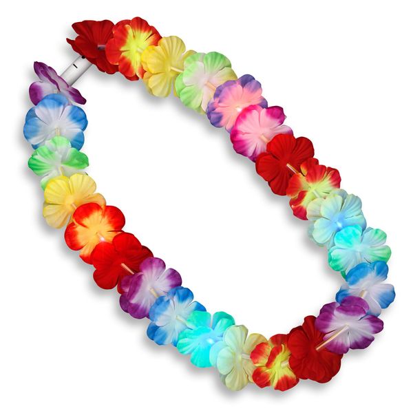 Set of 12 Rainbow LED Flower Hawaiian Lei Light Up Necklaces