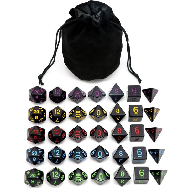 IvyFieldDice 5 Sets New Black Polyhedral Dice with Satin-Lined Velvet Bag for Dungeons and Dragons DND RPG MTG D20 D12 D10 D8 D6 D4