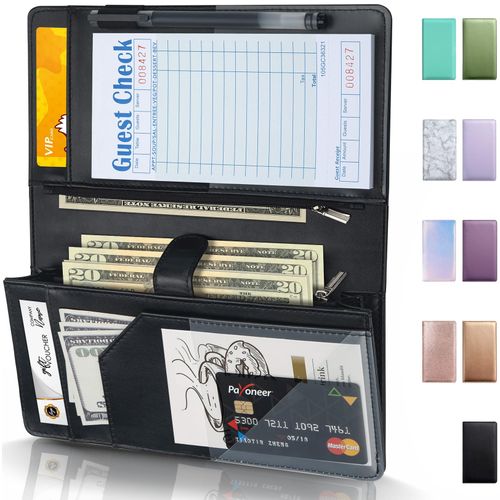 Server Book High Volume, Expandable Server Books for Waitress, Waiter Book, Durable Leather Waitress Book with 2 Zipper Pockets and Magnetic Pocket, Waiter Wallet Booklet Fit Server Apron (Black)