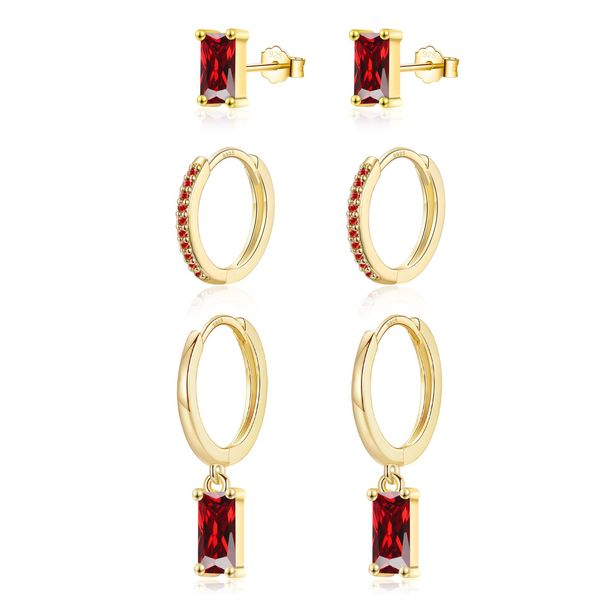 CERSLIMO Gold Earrings for Women - 3 Pairs Sterling Silver Earrings Set with Red Garnet Cubic Zirconia | Gold Huggie Hoop Earrings, Gold Diamond Stud Earrings & Drop Earrings, Gold Earrings for Girls