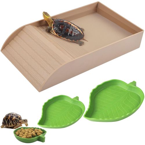 3pcs Tortoise Food Dish with Ramp and Basking Platform Leaf Tortoise Water Food Bowls Reptile Water Dish Turtle Reptile Pool for Amphibians Brown
