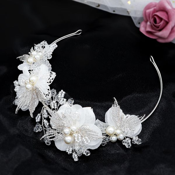 Oriamour White Flower Girl Headpiece for Wedding Flower Girl Headband Communion headpiece for girls Princess Crystal Hair Accessories for Birthday Party, First Communion Silver