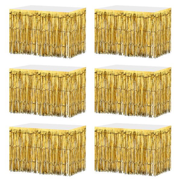 uxcell 6pcs 29x108" Gold Metallic Fringe Tinsel Table Skirt for Rectangle Table Tinsel Backdrop Curtain for Wedding Birthday Party Decoration