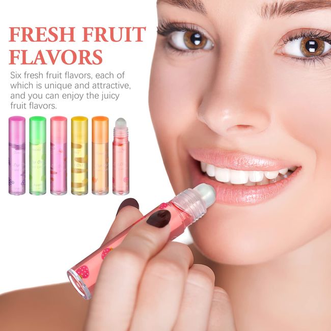 6PCS Fruity Flavors Rolling Ball Lip Oil Set, Moisturizing Lip