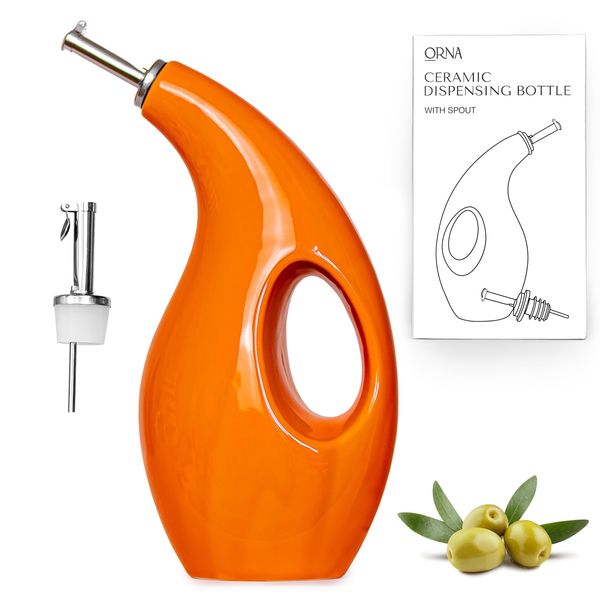 ORNA Ceramic Oil Dispenser Bottle with 2 Pourers – 700ml / 24 Oz Drizzle Bottle – Cruet Dispensing Bottle for Kitchen with Stainless Steel Spouts for Olive Oil, Vinegar, Syrup – Orange