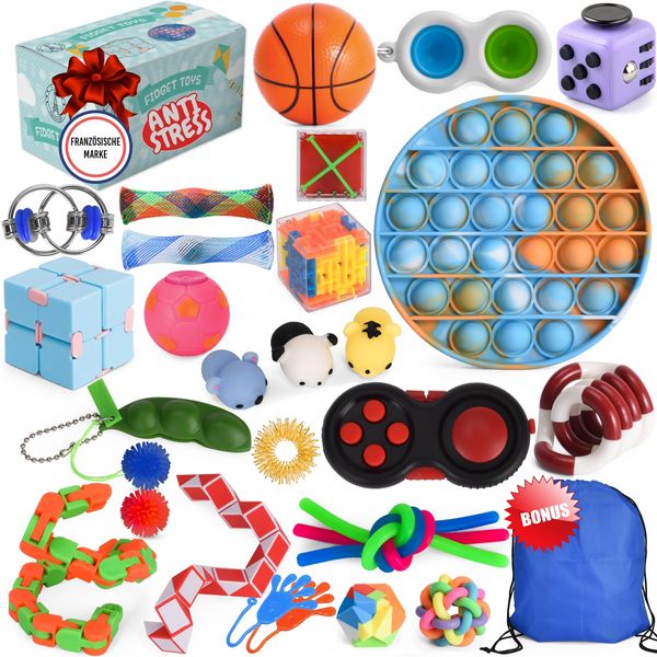 Fidget Toys Set – Anti Stress Spielzeug für Erwachsene und Kinder – French Way Skills Set zur Stressbewältigung und Konzentrationssteigerung – Enthält Pop It Stressball Fidget Cube und Akupressur Ring