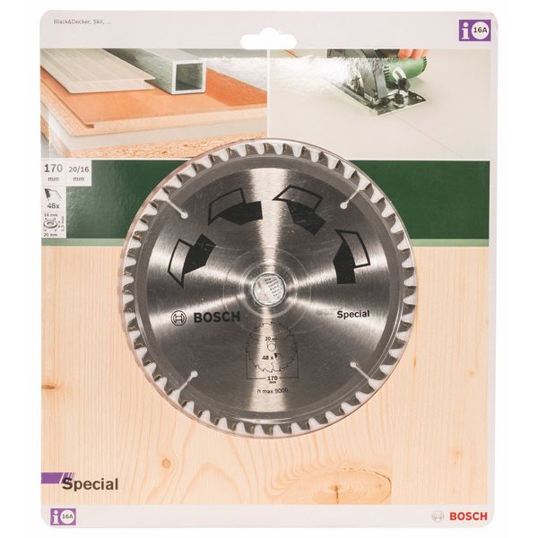 Bosch 1x Circular Saw Blade Special (for Wood, Non-Ferrous Metals, Plastic, Ø 170 x 2.5/1.8 x 20/16 mm, 48 Teeth, FT, with 1x Reduction ring 16 mm, Accessories for Circular Saws)