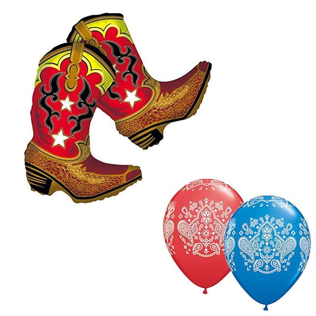 36" Cowboy Boots Foil Mylar Balloon & 11" Cowboy Bandana Blue Red Print Latex Balloon Bundle