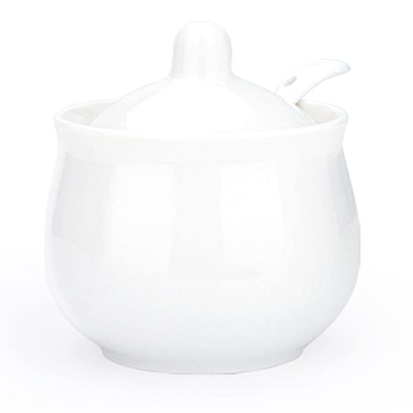 Swetwiny Ceramic Sugar Bowl with Lid and Spoon, Porcelain Salt Storage Jar, White Seasoning Container for Home and Kitchen, 7 Ounces (White)