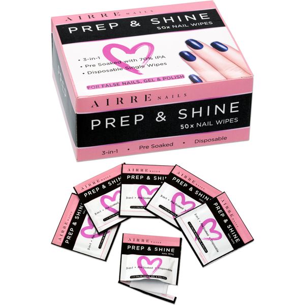 AIRRE 50 Professional Alcohol Prep & Shine Nail Wipes (3in1) Alcohol Wipes for Gel Nails, Acrylic Nails, Press-On Nails & Tips. Removes Sticky Gel Layer Residue, Preps UV/LED Gel Polish & False Nails