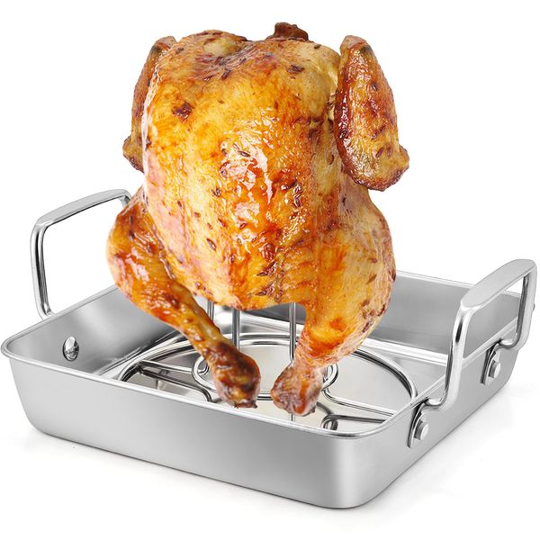 TeamFar Roasting Pan with Beer Can Chicken Holder, Stainless Steel Drip Pan with Vertical Rack Stand for Grill Oven Smoker, Healthy & Heavy Duty, Easy Clean & Dishwasher Safe, (1 Pan + 1 Rack)