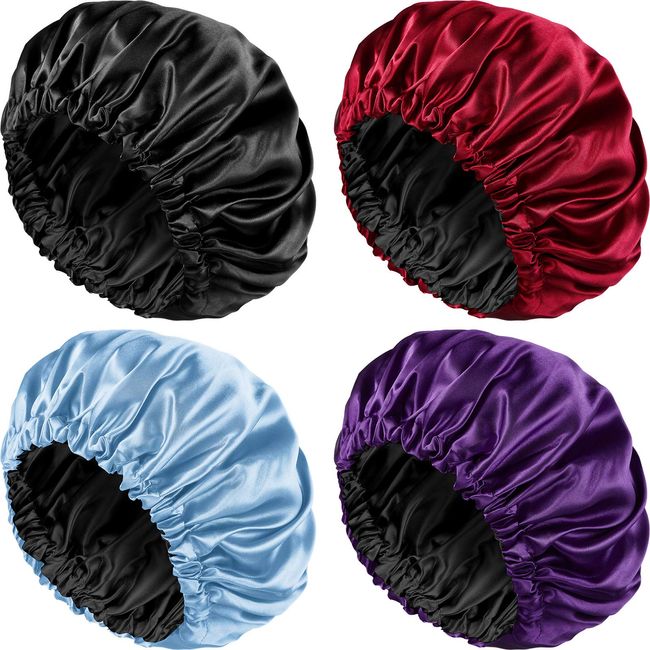 4 Pieces Silk Satin Bonnet Sleep Cap Extra Large Hair Bonnet for Sleeping Double Layer Reversible Hair Cap for Women Natural Curly Hair
