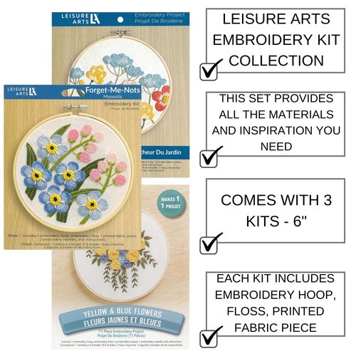 LEISURE ARTS Embroidery Kit, 3 Pc. Floral Collection, 6" - Embroidery Kit for Beginners - for Adults Cross Stitch Kits Cross Stitch Kits Beginners Patterns