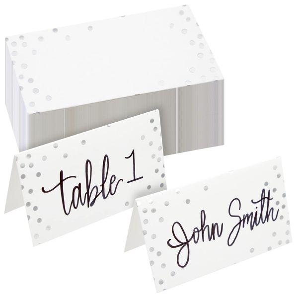 100 Pack Place Cards for Table Setting - Blank Table Name Cards for Wedding, Banquet, Events, Reserved Seating (Silver Foil Polka Dot, 2 x 3.5 in)