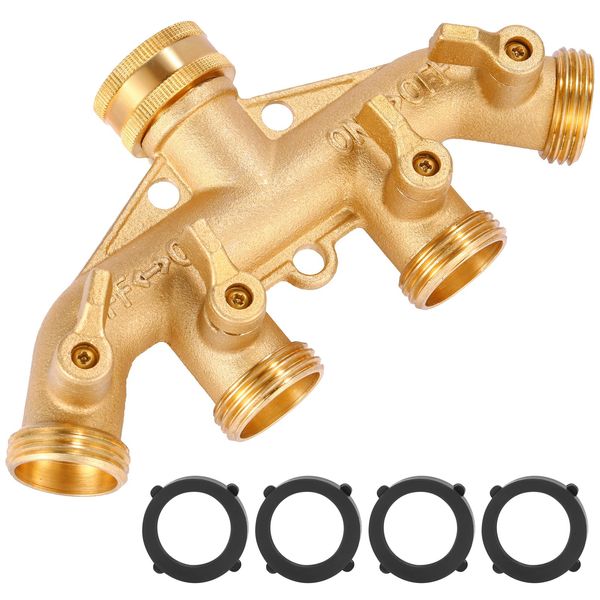 Sanpaint 4 Way Heavy Duty Brass Garden Hose Splitter, Hose Connector 3/4", Hose Spigot Adapter with 4 Valves