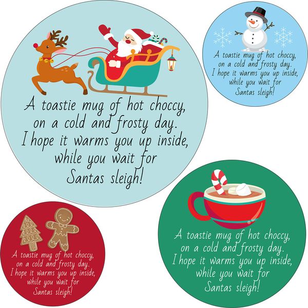 PartiKraft 40mm Christmas Hot Chocolate Cone Labels/Stickers - Snowman, Santa and Reindeer, Gingerbread Men and Hot Choccy Rhyme Designs (Pack of 48 Stickers)