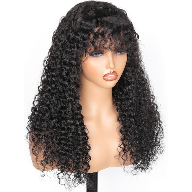 Ruiyu Shaggy Haircuts Curly Wig with Bangs Human Hair 2x4 HD Lace Closure Wear and Go Glueless Wig Water Wave Wigs with Bangs for Black Women 180 Density 100% Brazilian Virgin Human Hair 20 Inch