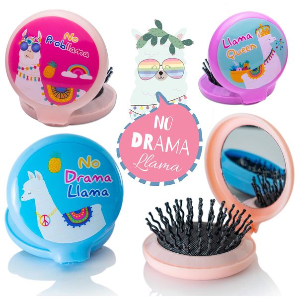 Gifton - Cute Travel Pocket Folding Compact Llama Mirror Brush - 2023 Design - Novelty Birthday Present Gift for Girl Women Kids Child Teens Christmas Stocking Filler Idea - One Supplied