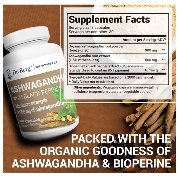 Dr Berg Ashwagandha with Black Pepper Supplement, Mood and Stress Support 90 Cap