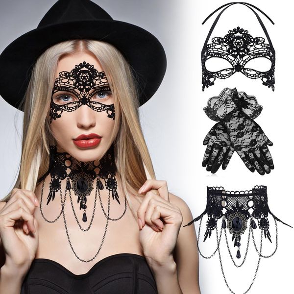 Oidea Womens Masquerade Mask Set - Black Gothic Lace Choker Necklace Gloves Vampire Jewelry Masquerade Ball Mask for Costume Halloween Mardi Gras Venetian Mask Eyemask Prom Party Cosplay Accessory