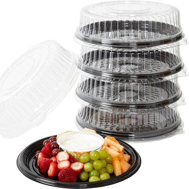 Avant Grub Heavy Duty, Recyclable 12 in. Serving Tray and Lid 5pk. Large, Black Plastic Party Platters with Clear Lids Dishware Plate, Elegant Round Banquet or Catering Trays for Serving