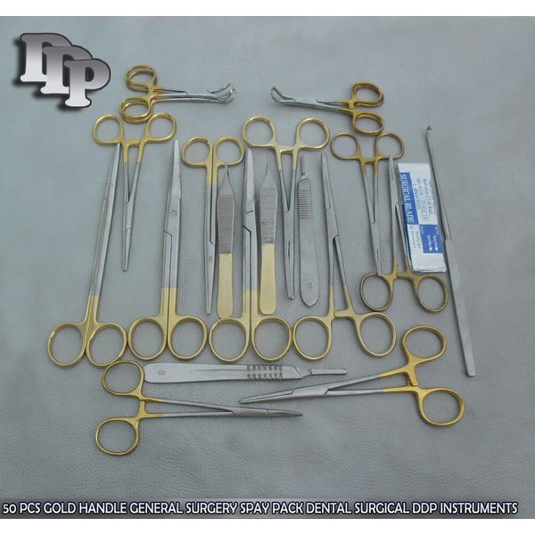 50 PCS GOLD HANDLE GENERAL SURGERY SPAY PACK DENTAL SURGICAL INSTRUMENTS