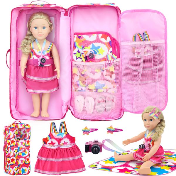 K.T. Fancy 6 Pcs 18 Inch Dolls Carrier Bag Set and Accessories Including 18 Inch Girl Doll Clothes, Doll Hair Clip, Doll Picnic Blanket, Mini Toy Camera (No Doll)