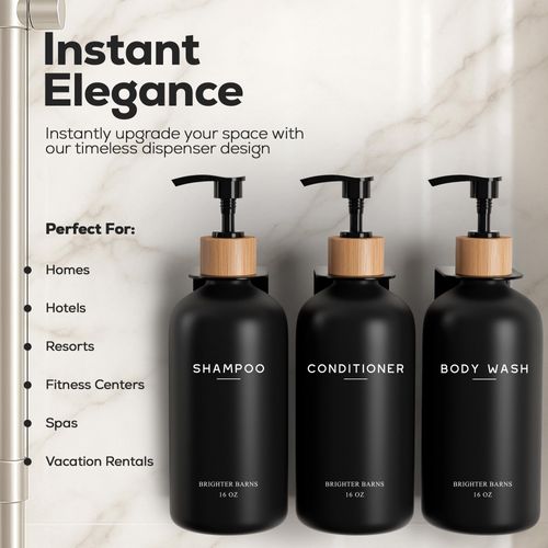 Black Shampoo and Conditioner Dispenser Set Wall Mounted by Brighter Barns - Shampoo Dispenser for Shower Wall 3 Chamber No Drill - Shower Bottles Refillable with Labels for Bathroom, Airbnb (Black)