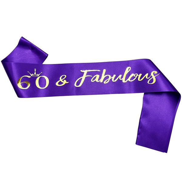 NAUXIUDSJS 60th Birthday Sash, Fabulous 60 Birthday Satin Sash with Gold Foil Words, Birthday Gift 60th Birthday Accessories Decorations Party Favor,Purple