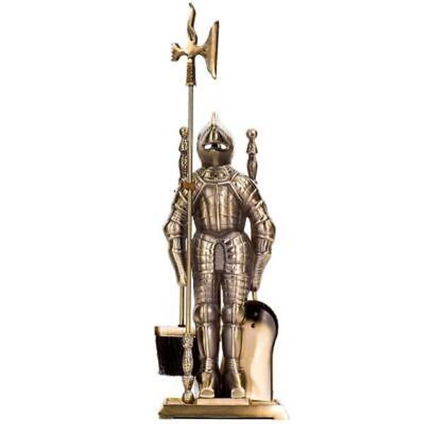 Barton 4-Piece Sleek Medieval Knight Fireplace Tool Set Cast Iron Antique Brass