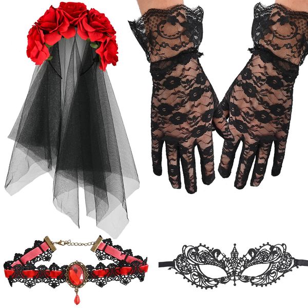 NAUZE 4 Pieces Day of the Dead Halloween Costume Set Gothic Bride Veil Ladies Rose Necklace Lace Eye Mask Lace Gloves for Halloween Adults Costume Accessory(Red)